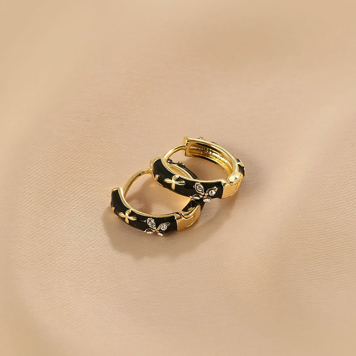 Dainty Black and Gold Floral Hoop Earrings