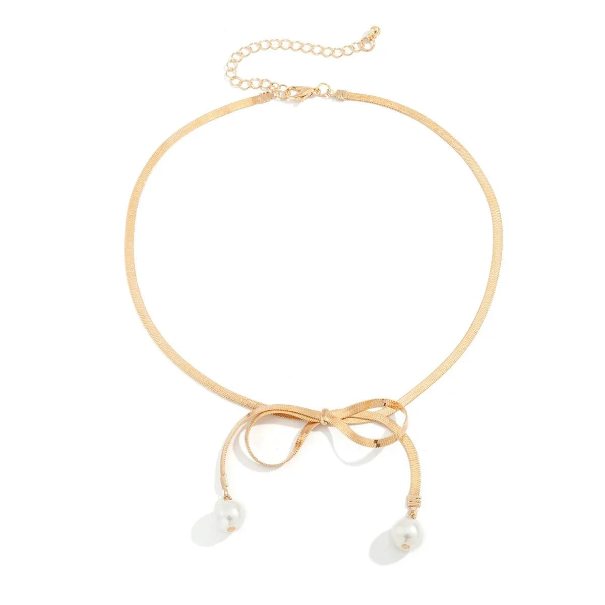 Dainty Herringbone Pearl Bow Necklace