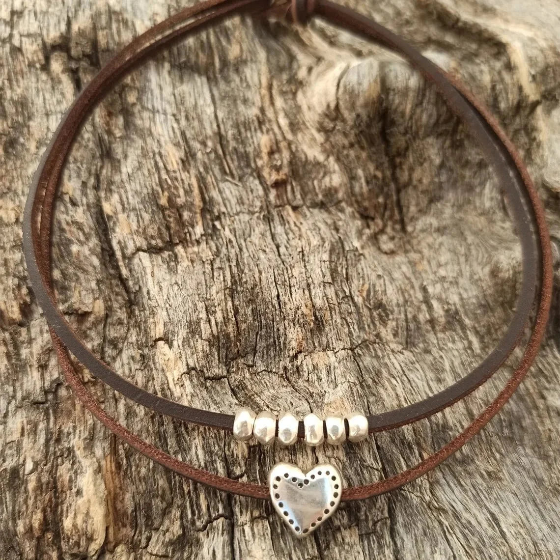 Layered Leather Heart Choker Necklace