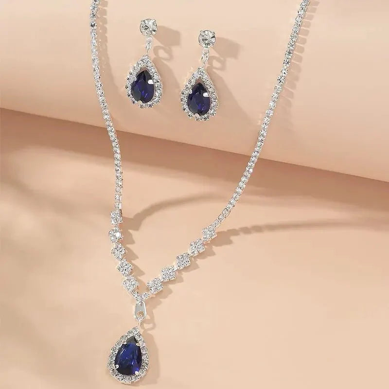 Shimmering Blue Teardrop Diamond Necklace and Earrings Set