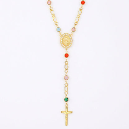 18k Figaro Rosary Virgin Mary Cross Lariat Necklace