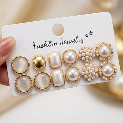 6 Pairs Elegant Pearl Stud Earrings Set