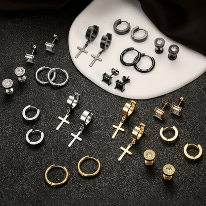 15 Pairs Unisex Stud and Cross Hoop Earring Set