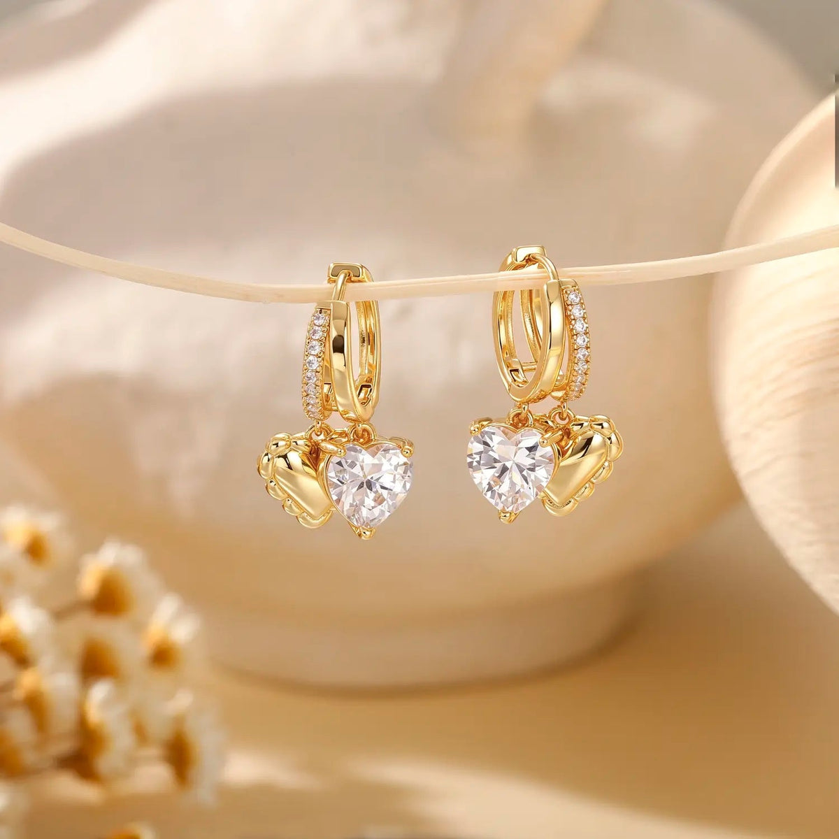 14k Elegant Double Heart Huggie Hoop Earrings
