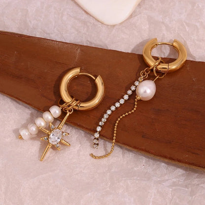 18k Asymmetrical Pearl Diamond Hoop Earrings