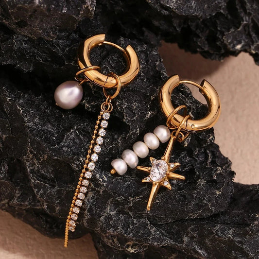 18k Asymmetrical Pearl Diamond Hoop Earrings