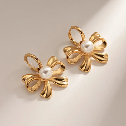 18k Dainty Bow Pearl Center Necklace, Earring, Ring Set