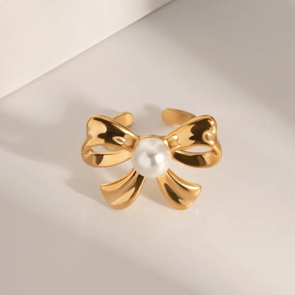 18k Dainty Bow Pearl Center Necklace, Earring, Ring Set