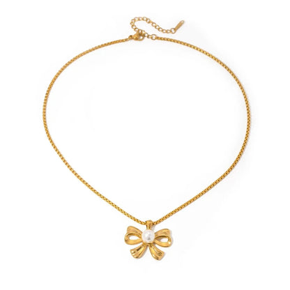 18k Dainty Bow Pearl Center Necklace, Earring, Ring Set