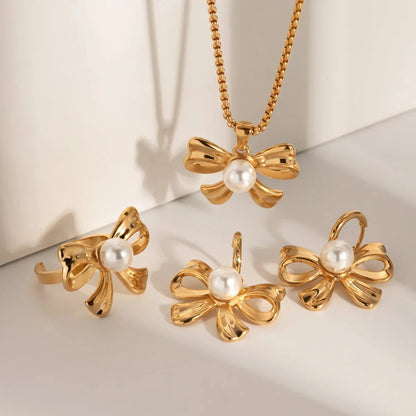 18k Dainty Bow Pearl Center Necklace, Earring, Ring Set