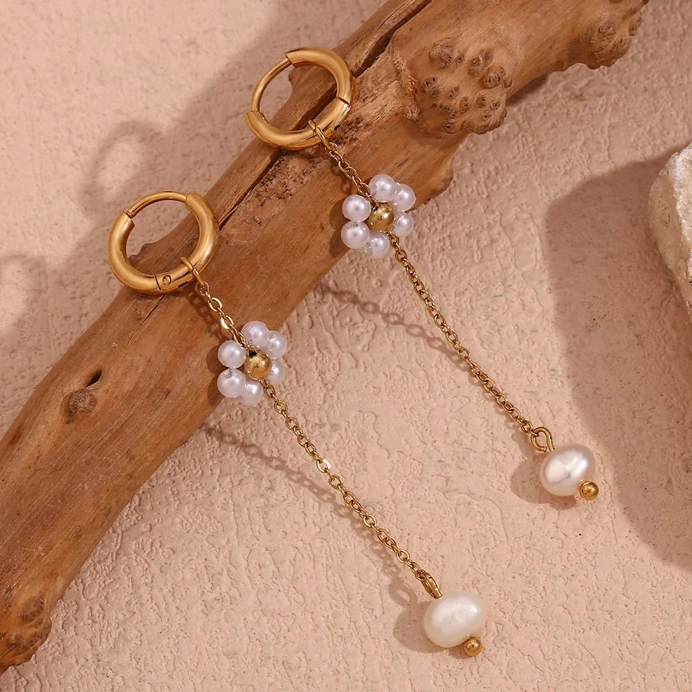18k Dangling Floral Pearl Earrings