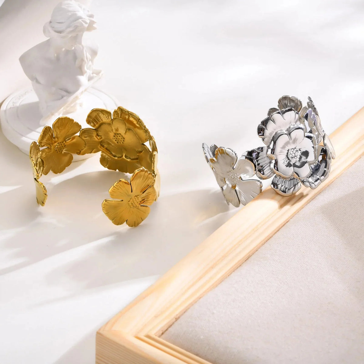 18k Floral Cuff Bangle Bracelets