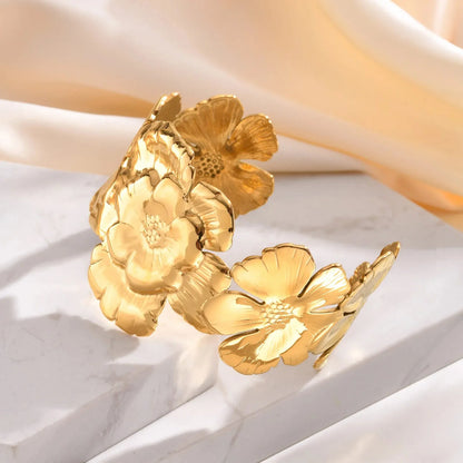 18k Floral Cuff Bangle Bracelets