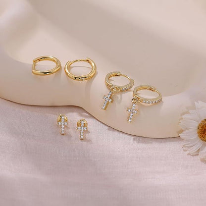14k 3pc Dainty Cross Earrings Stack