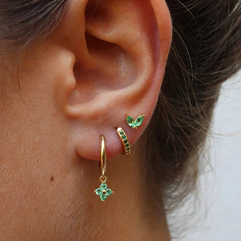 3pc Dainty Floral Huggie Whale Earrings Set