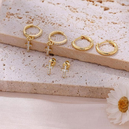 14k 3pc Dainty Cross Earrings Stack