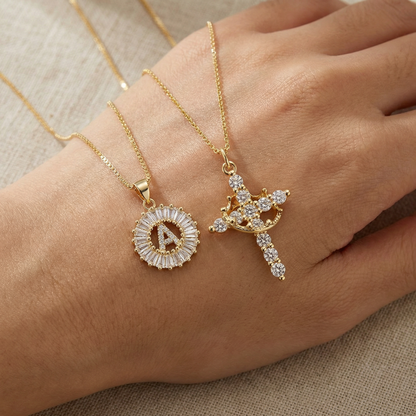 2pc 14k Diamond Cross Crown & Initial Necklace Set