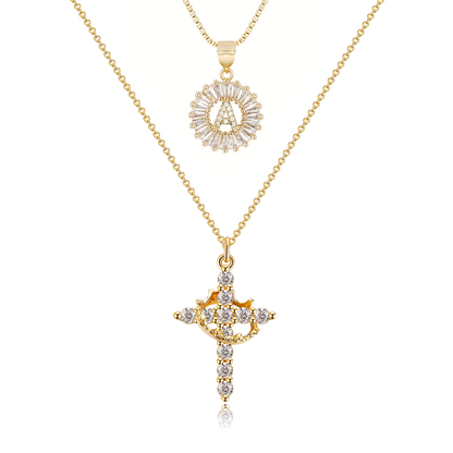 2pc 14k Diamond Cross Crown & Initial Necklace Set