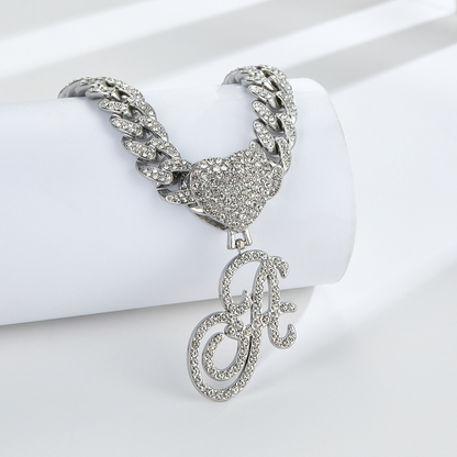 Cursive Diamond Accented Initial Cuban Heart Necklace