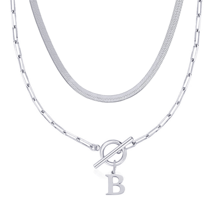 2pc Paperclip Initial Toggle Clasp & Herringbone Necklace Set