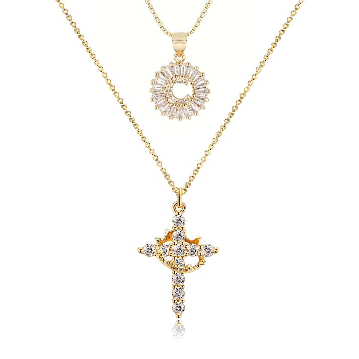 2pc 14k Diamond Cross Crown & Initial Necklace Set
