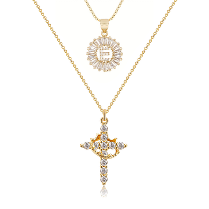 2pc 14k Diamond Cross Crown & Initial Necklace Set