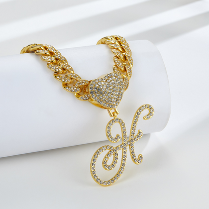 Cursive Diamond Accented Initial Cuban Heart Necklace