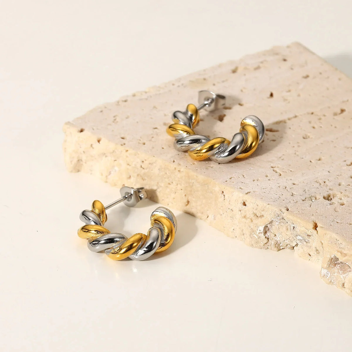 18k Two Tone Twist Spiral C Hoop Earrings