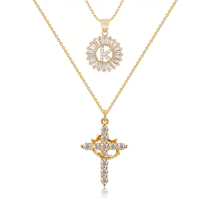 2pc 14k Diamond Cross Crown & Initial Necklace Set