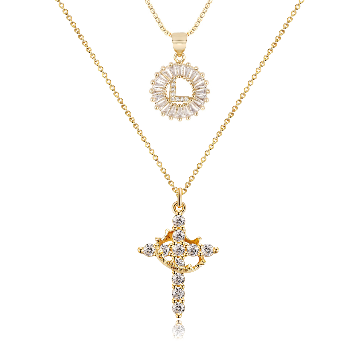 2pc 14k Diamond Cross Crown & Initial Necklace Set