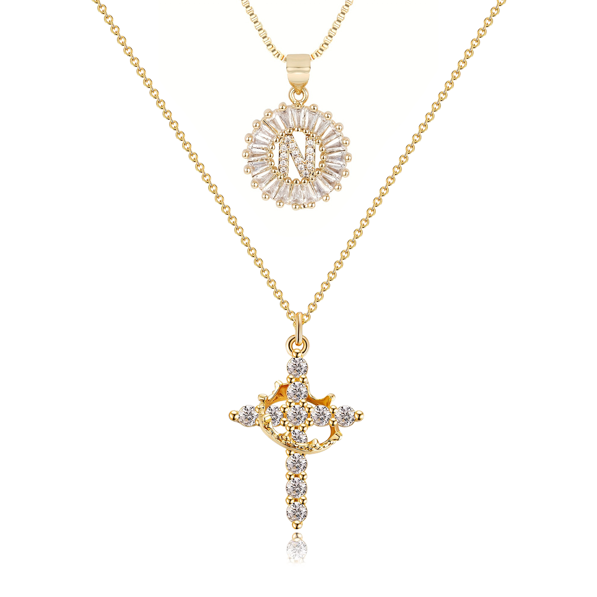 2pc 14k Diamond Cross Crown & Initial Necklace Set