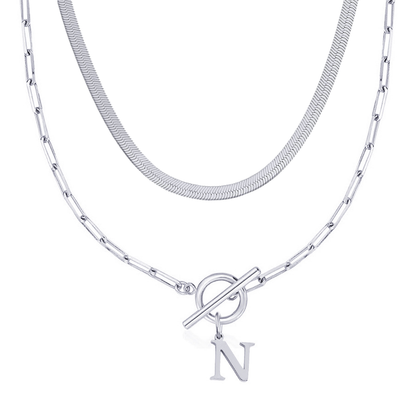 2pc Paperclip Initial Toggle Clasp & Herringbone Necklace Set