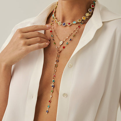 3pc Colorful Choker & Cross Lariats Necklace Set