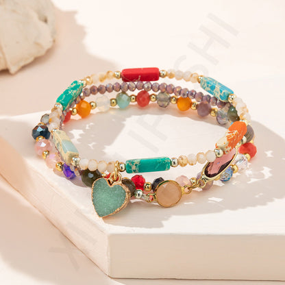 3pc Boho Heart Charm Beaded Bracelet Stack