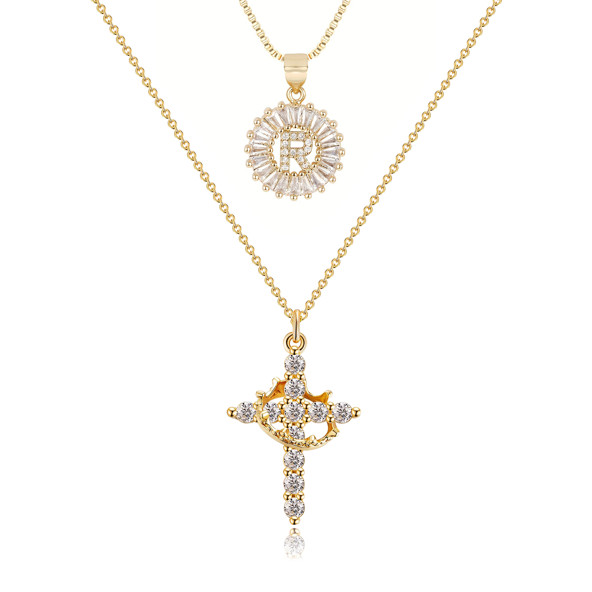 2pc 14k Diamond Cross Crown & Initial Necklace Set