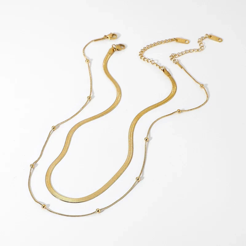 14k Herringbone & Satellite Chain Necklace Stack