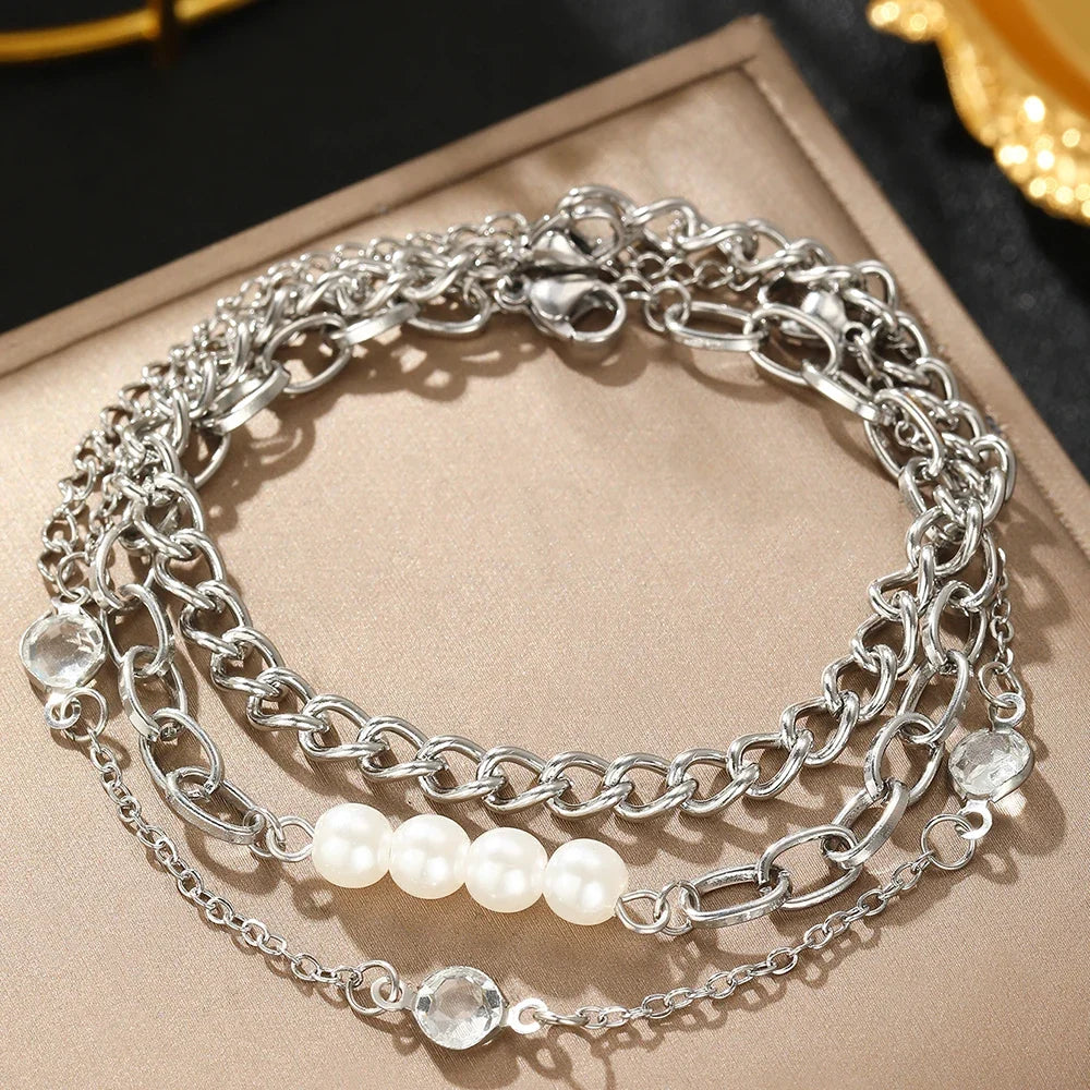Elegant Pearl Crystal Chain Bracelet Stack