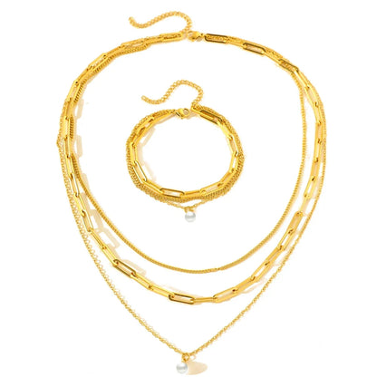 Paperclip & Curb Chain Dainty Pearl Bracelet and Necklace Stack Set