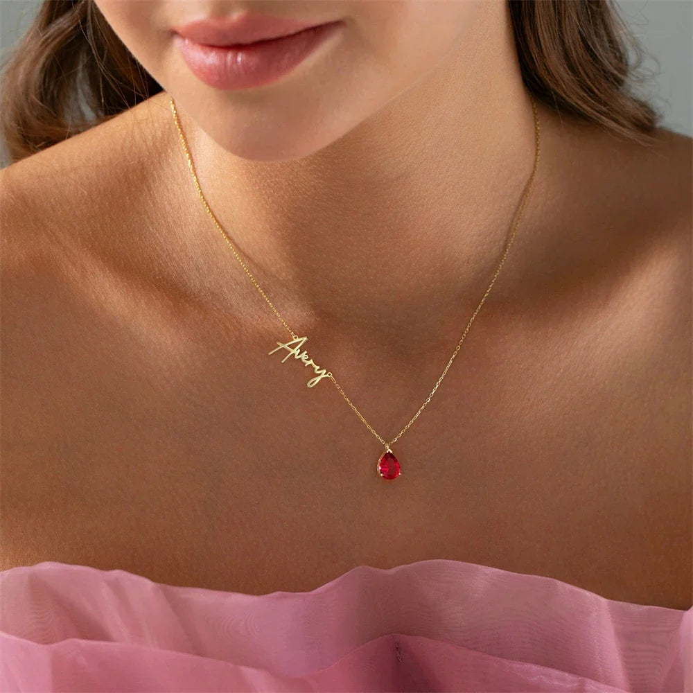 Dainty Name & Teardrop Birthstone Necklace