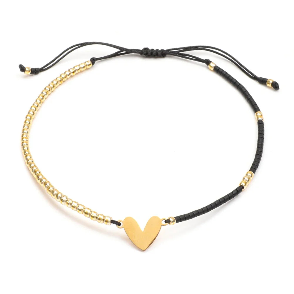 Adjustable Dainty Beaded Flat Heart Bracelet