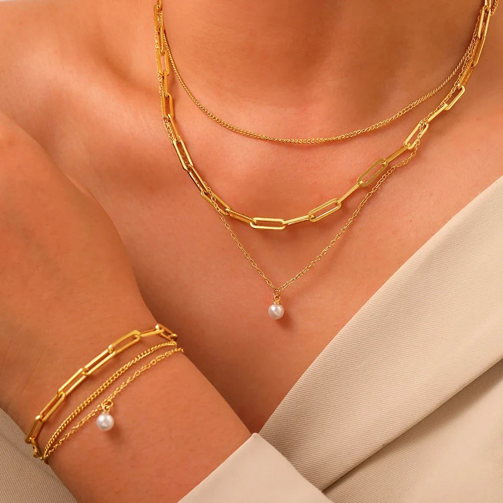 Paperclip & Curb Chain Dainty Pearl Bracelet and Necklace Stack Set