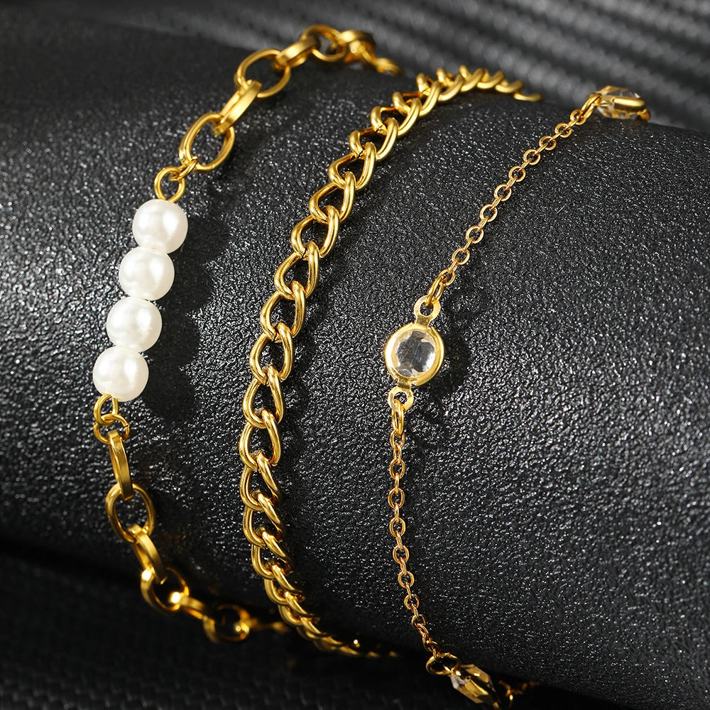 Elegant Pearl Crystal Chain Bracelet Stack