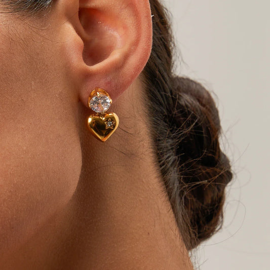 18k Dainty Diamond Heart Dangle Earrings