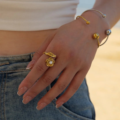 Adjustable Pearl Camellia Flower Ring