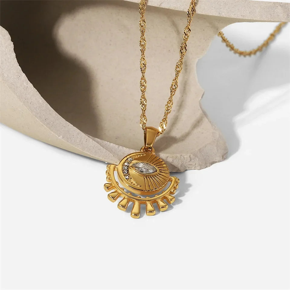 18k Dainty Sun & Moon Evil Eye Necklace
