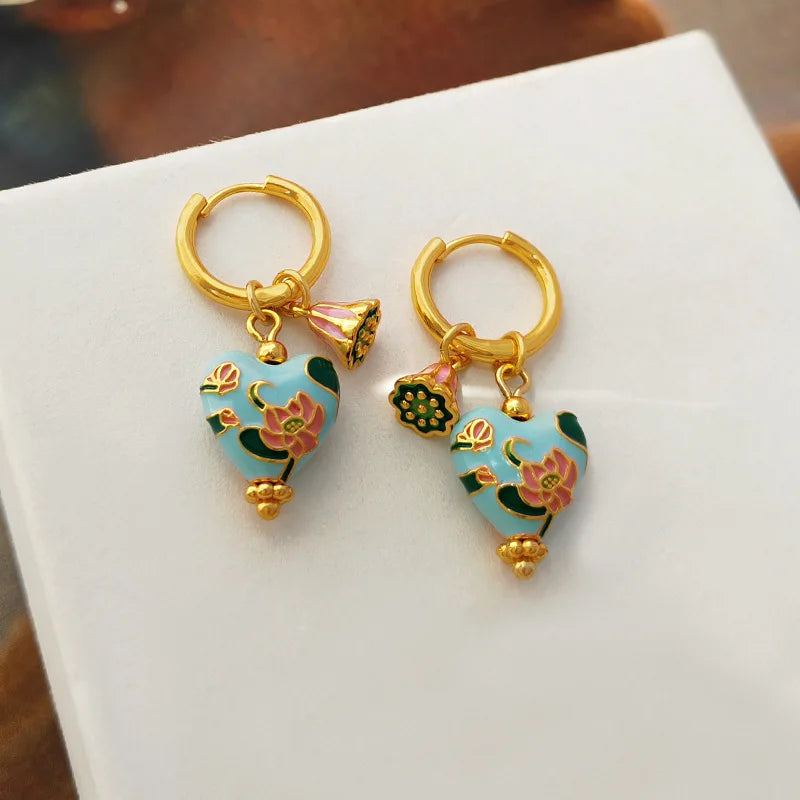 Dainty Floral Pastel Heart Hoop Huggie Earrings