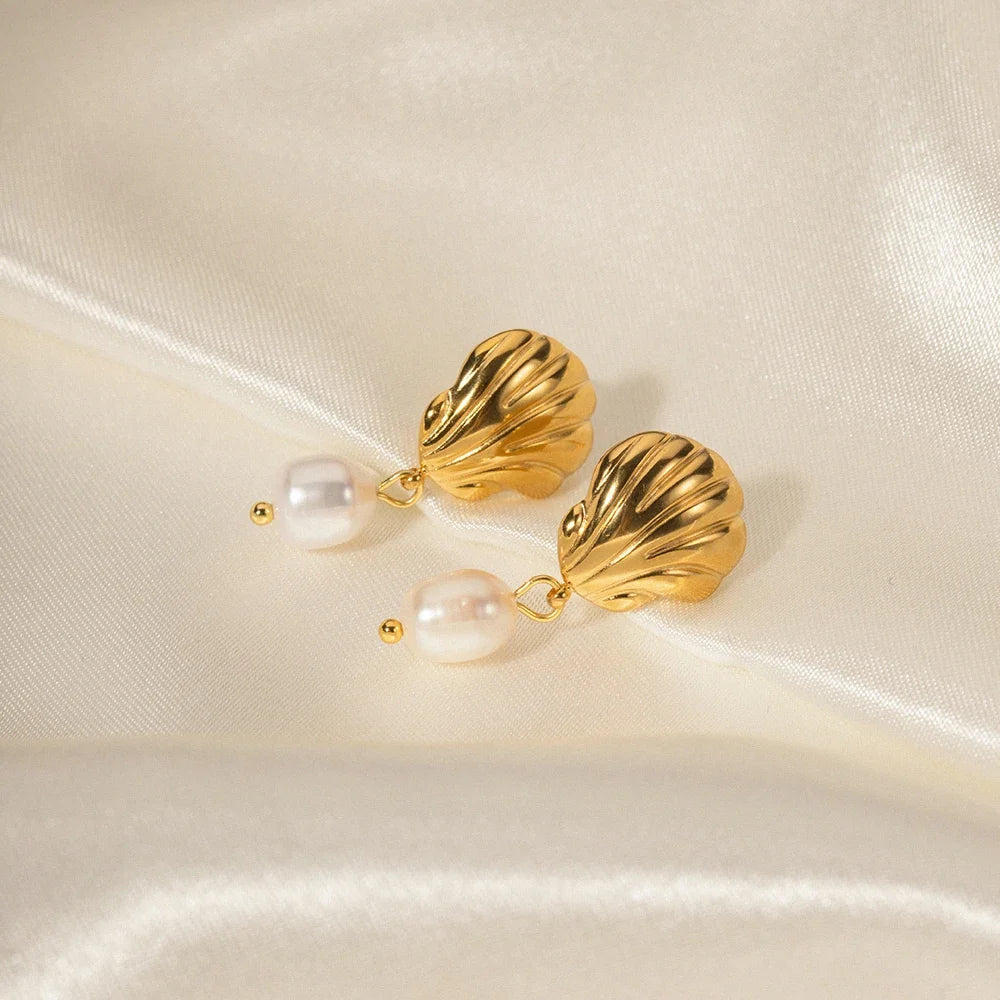 Dainty Sea Shell Pearl Earrings