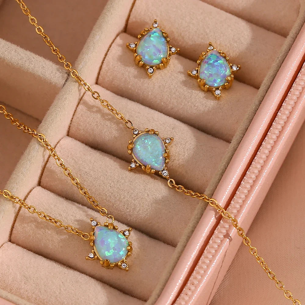 Dainty Iridescent Opal Necklace, Bracelet, Earrings