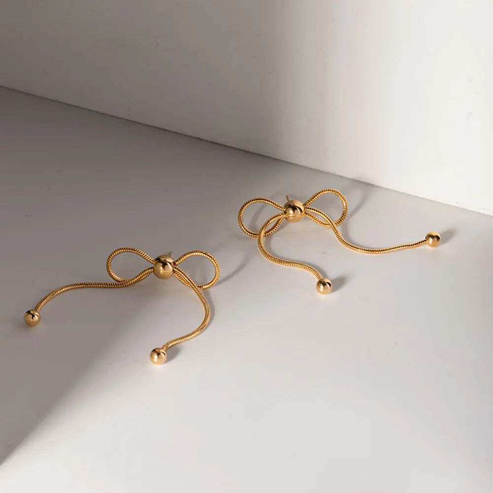 18k Dainty Feminine Chain Bow Earrings