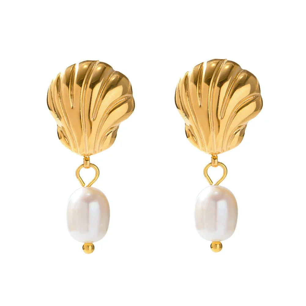 Dainty Sea Shell Pearl Earrings